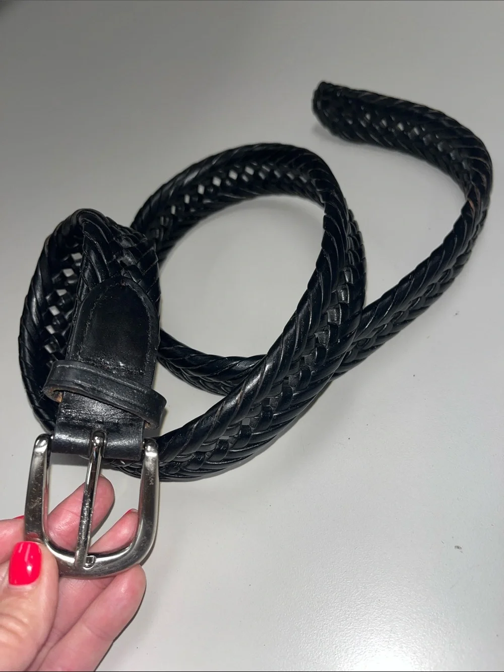 Source Unknown Black Braided Leather Belt with Silver Buckle